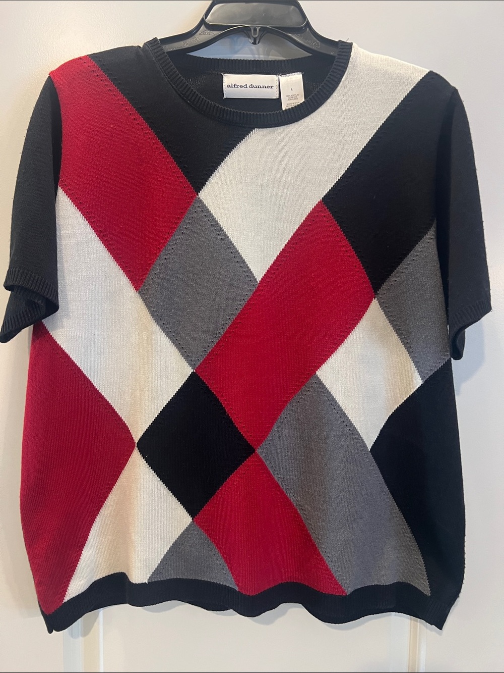 Alfred Dunner Red Black Gray Cream Argyle Short-Sleeve Crew Sweater